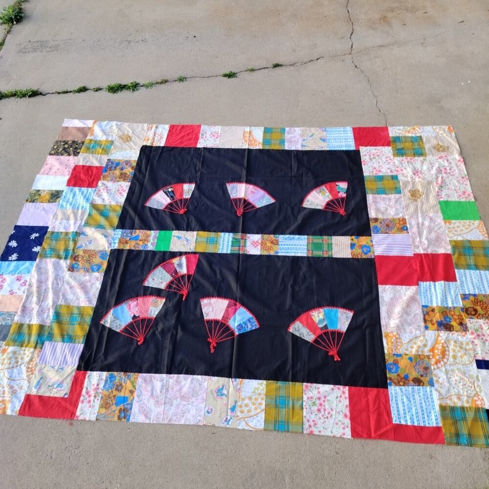 Vintage Quilt Top Fans Handmade Patchwork Machine Sewn Unfinished 71”x97”